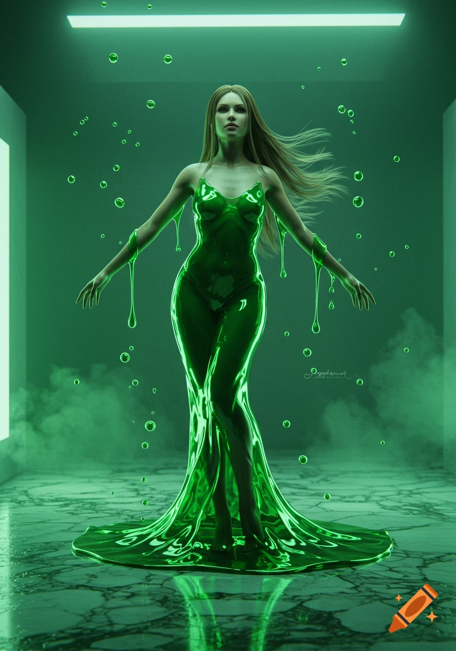 A woman in a glowing green slime dress stands in a dimly lit green room with bubbles and reflective floors.