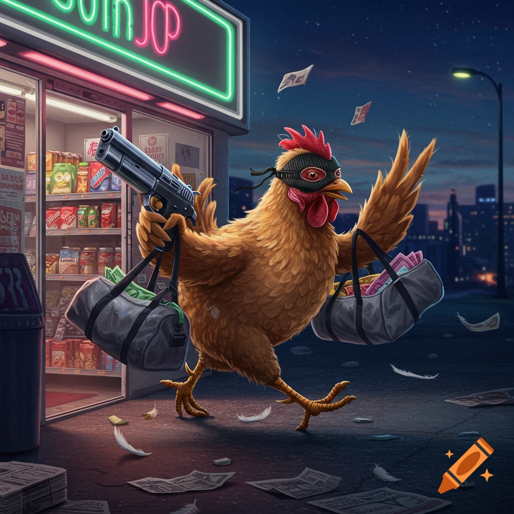 A cartoon chicken in a ski mask and carrying a gun, runs out of a store with two duffel bags full of money at night.