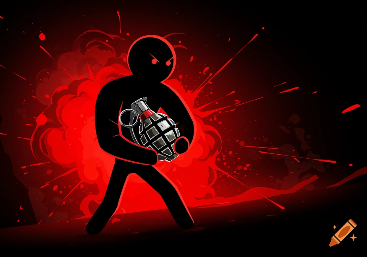 A bold cartoon stick figure holding a grenade in front of a red explosion.