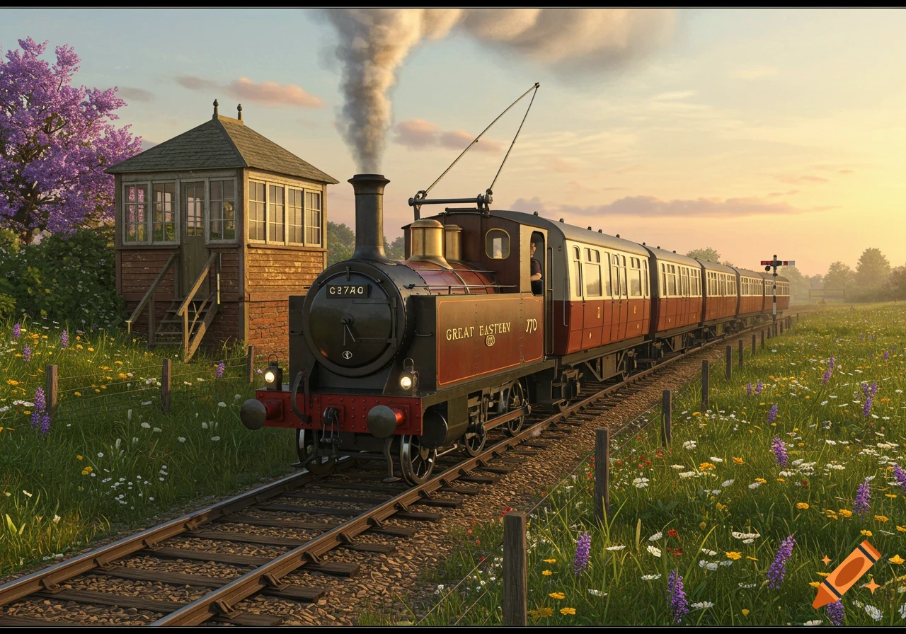 A vintage Great Eastern steam train on tracks through a wildflower field at sunset, with a signal box nearby.