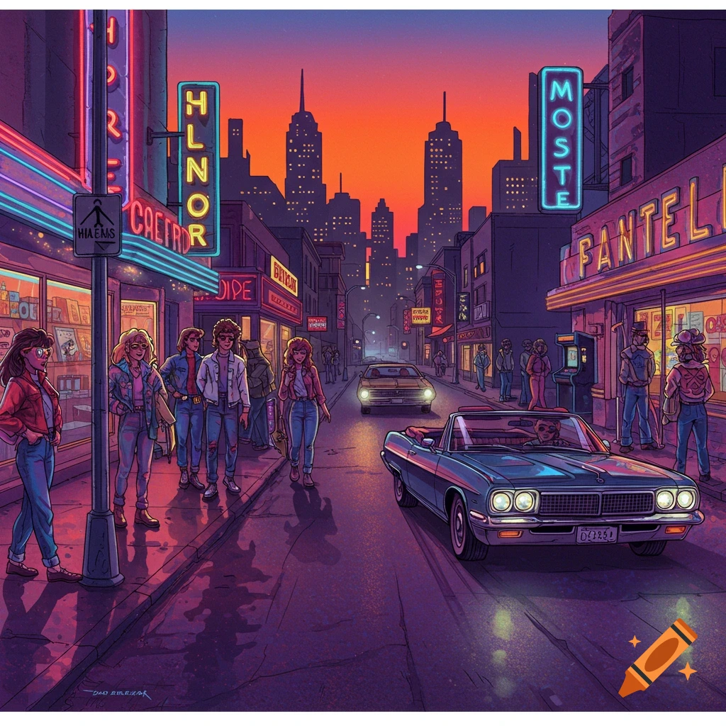 A vibrant 80s-style street scene at dusk with neon signs, people walking, and classic cars on the road under an orange and purple sky.
