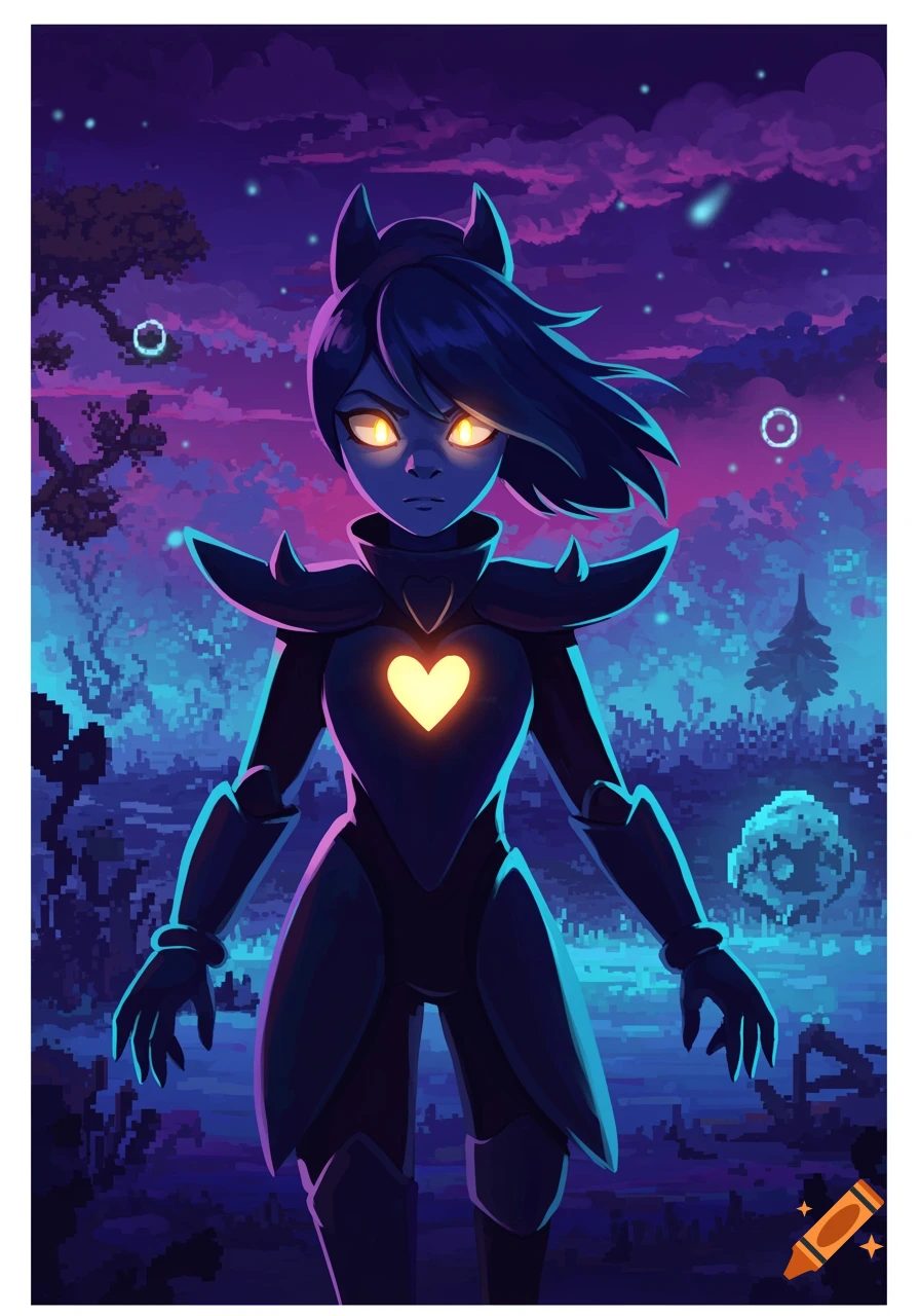 A dark armored character with glowing yellow eyes and a glowing heart emblem stands in a vibrant purple and blue pixelated forest at night.
