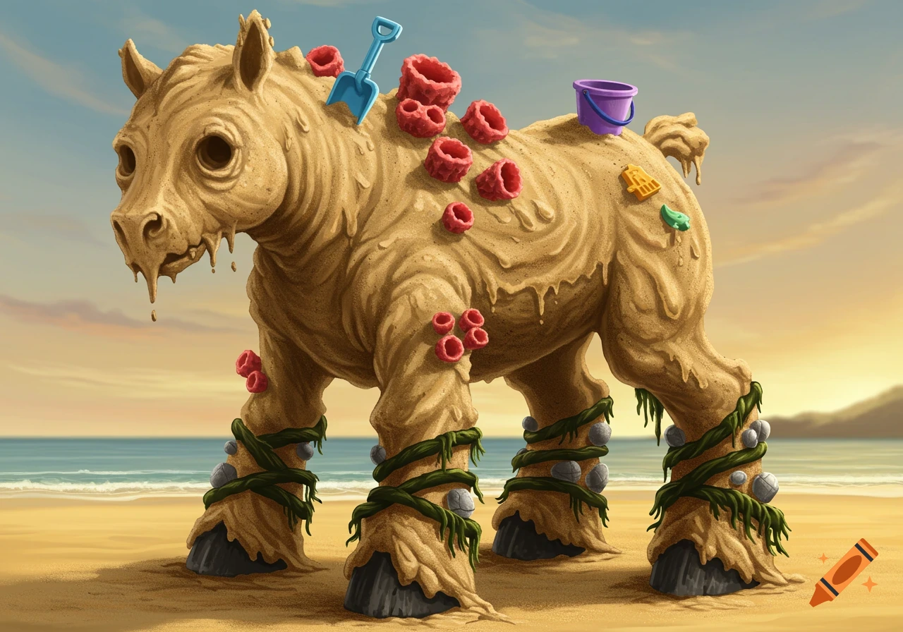 A whimsical sand creature resembling a pony stands on a beach with the ocean in the background, adorned with beach toys, coral, rocks, and seaweed.