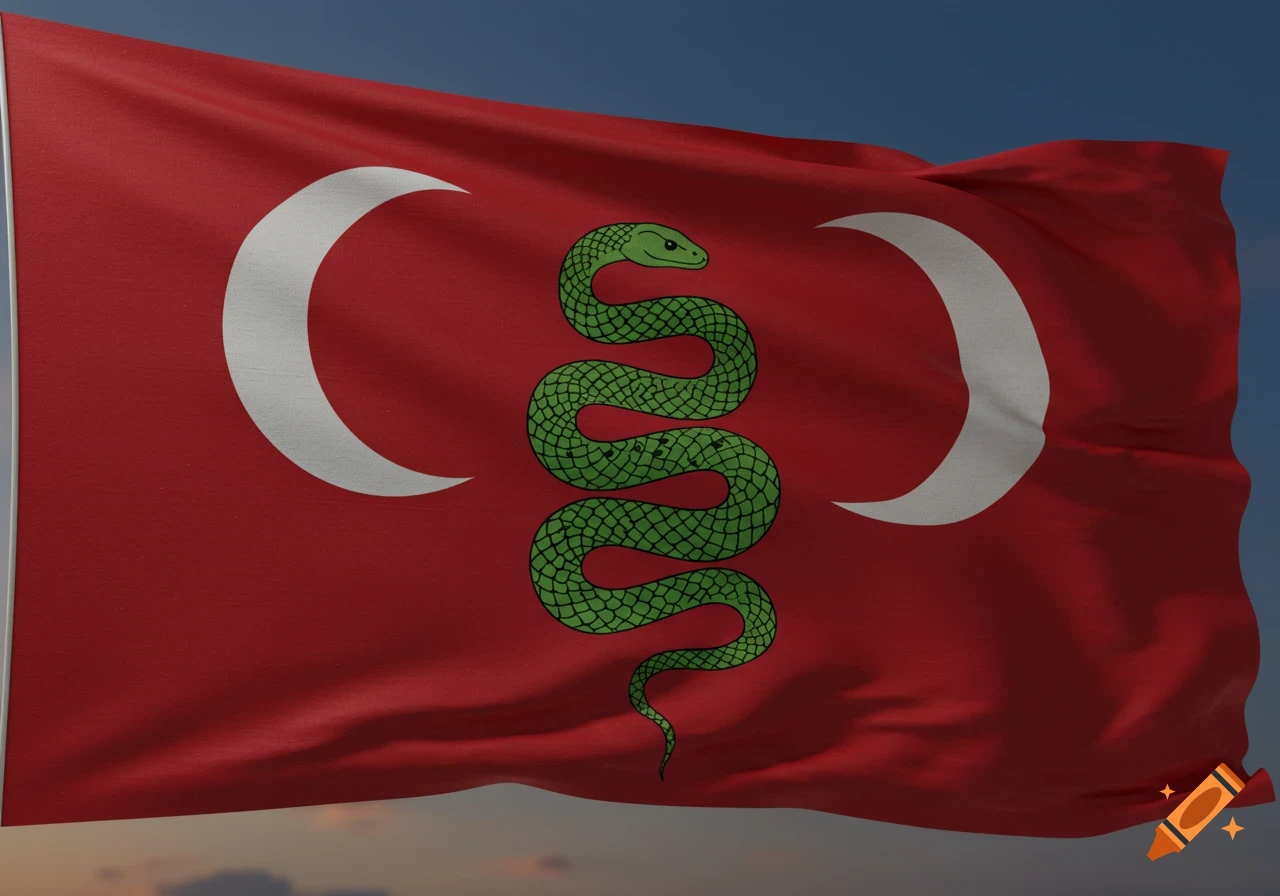 A red flag featuring a green coiled snake flanked by two white crescent moons, waving against a blue sky.