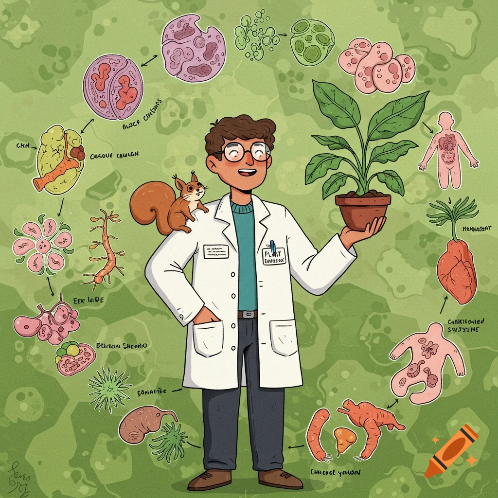 A cartoon scientist in a lab coat, with a squirrel on his shoulder, holds a potted plant. Surrounding him are various whimsical diagrams of cells, organs, and other biological elements with illegible labels.