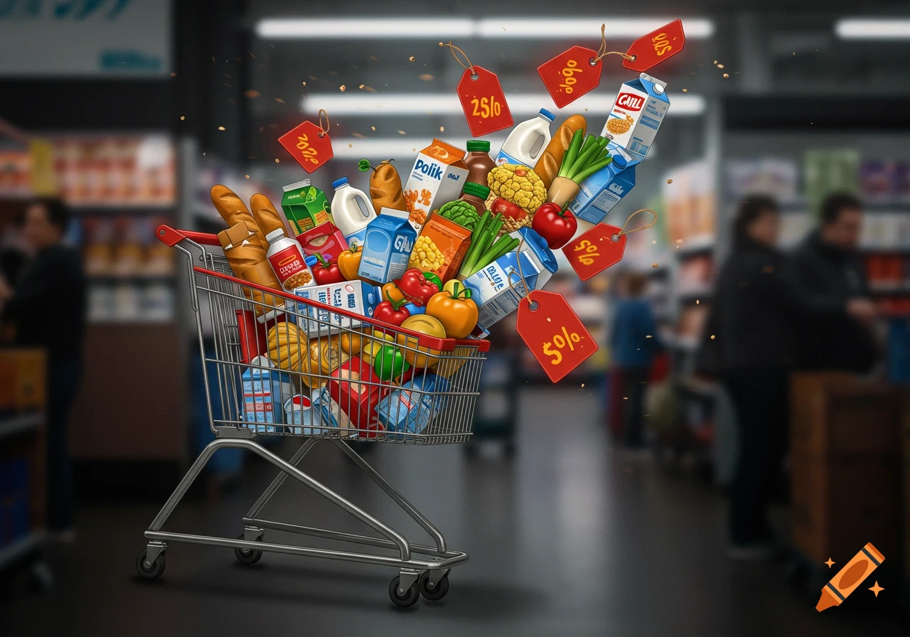 A shopping cart overflowing with groceries and produce, surrounded by floating red price tags with sale percentages, in a blurry supermarket aisle.