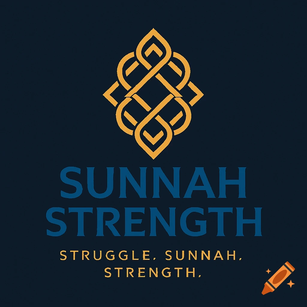 A dark blue logo with a golden intricate geometric knot design at the top. Below it are the words "SUNNAH STRENGTH" in blue and "STRUGGLE, SUNNAH, STRENGTH," in gold.