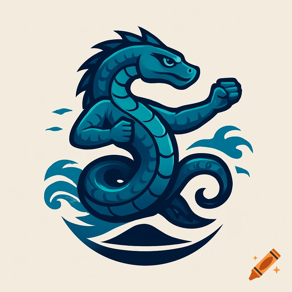A stylized blue sea serpent with human-like arms in a karate fighting pose, rising from blue waves, depicted as a logo on a light background.