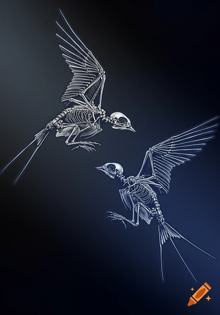Two x-ray style bird skeletons with long tail feathers are shown flying against a dark blue background.