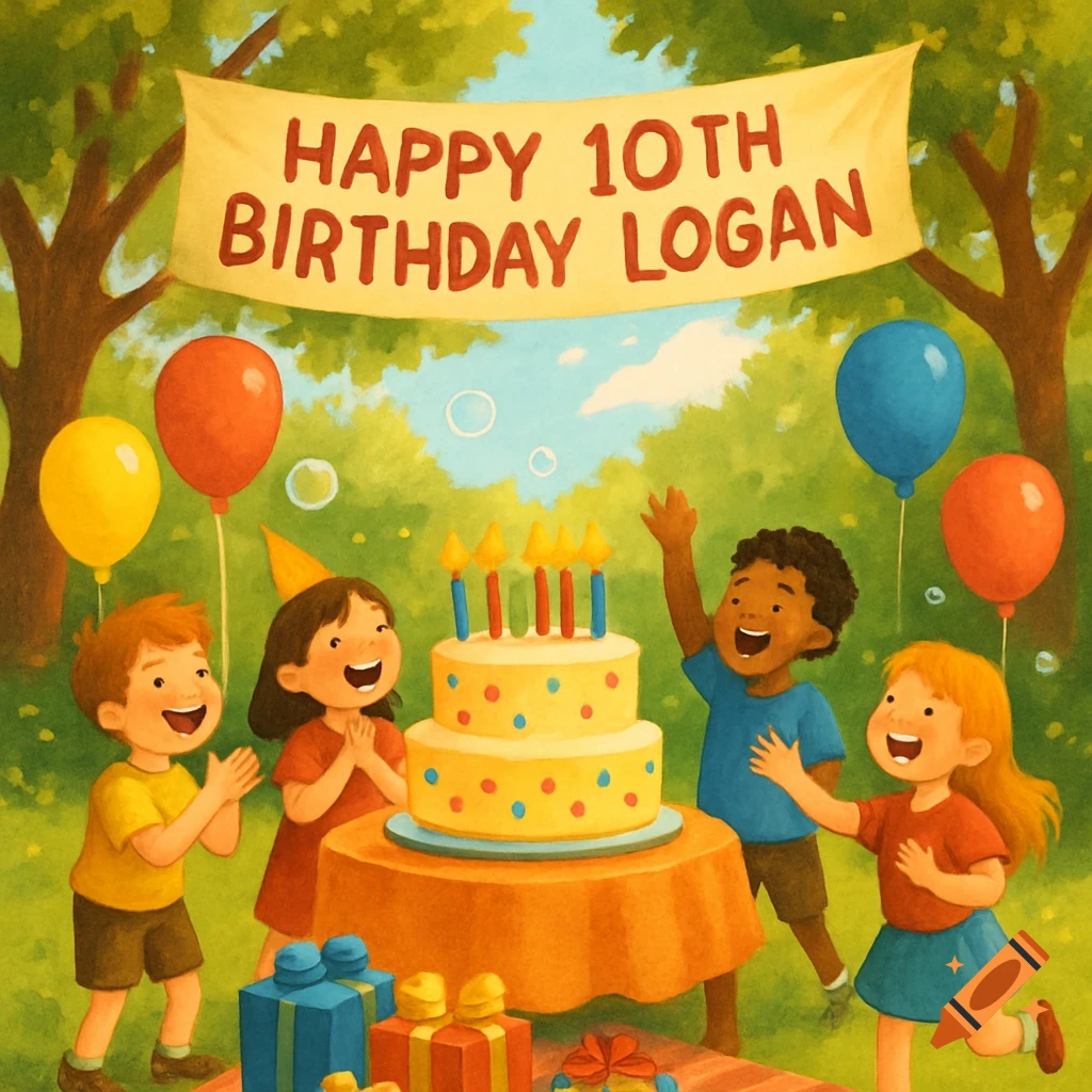 A colorful illustration of children celebrating a birthday party outdoors with a cake, balloons, and a banner that reads 'HAPPY 10TH BIRTHDAY LOGAN'.