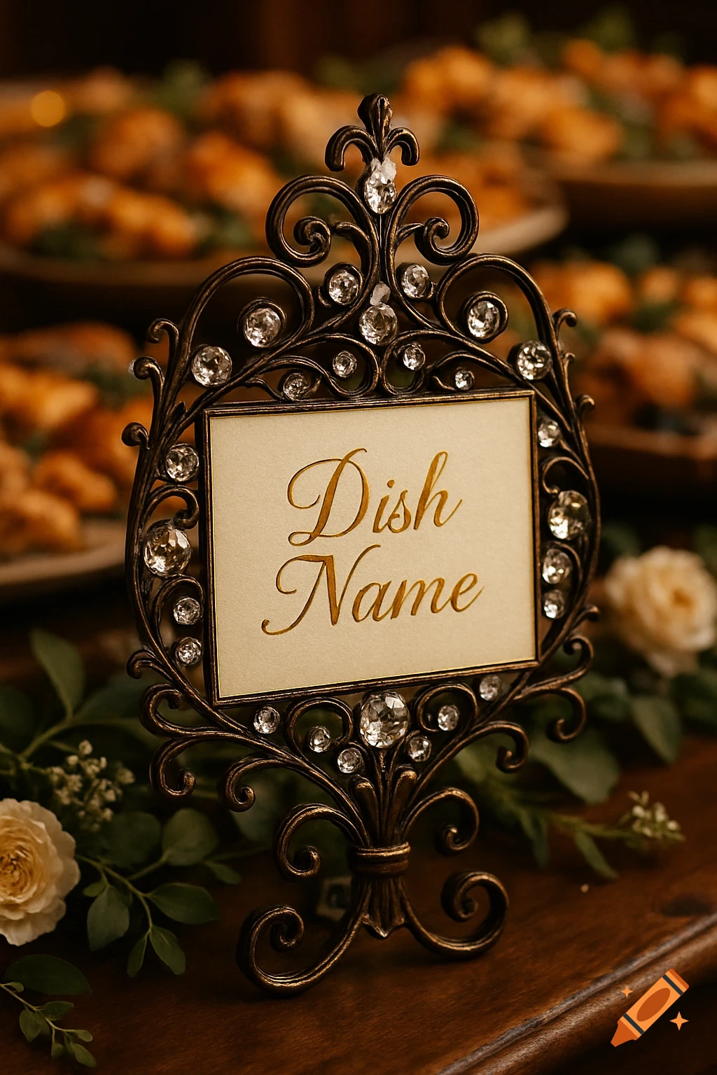 A decorative bronze and crystal dish name card display with 'Dish Name' written on it, set on a buffet table with food in the background.