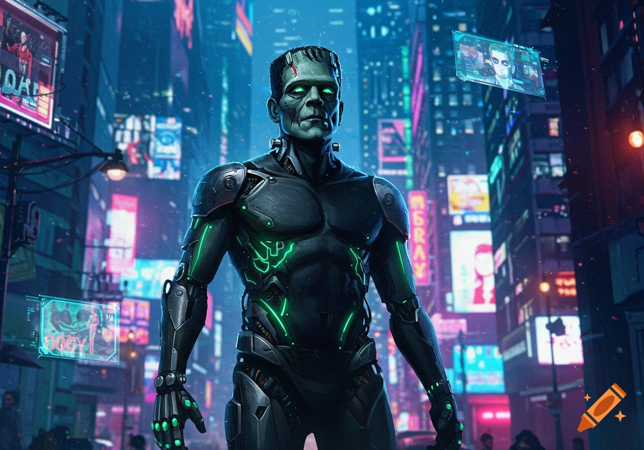 A cyberpunk version of Frankenstein's monster stands in a neon-lit futuristic city, with glowing green accents on his body.