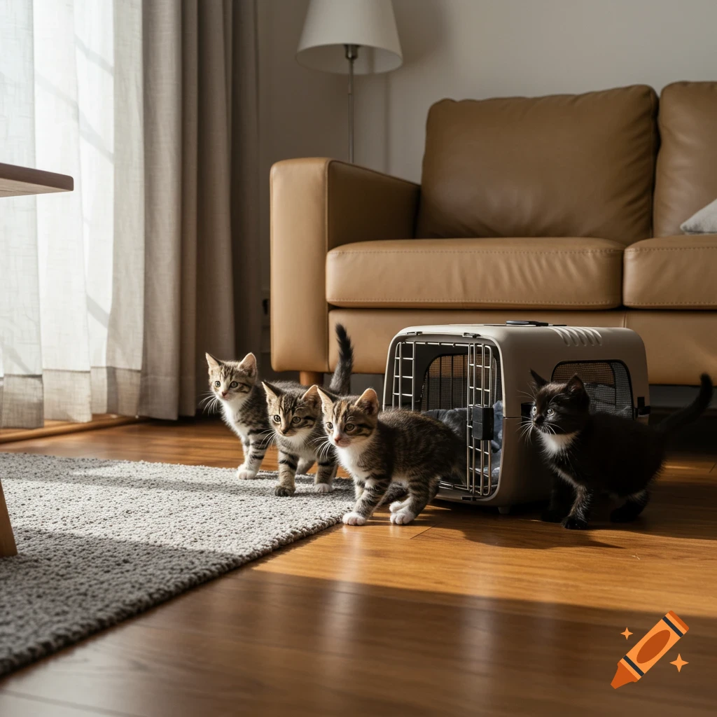 Four photorealistic kittens emerge from a cat carrier and explore a sunlit living room with wooden floors and a rug.
