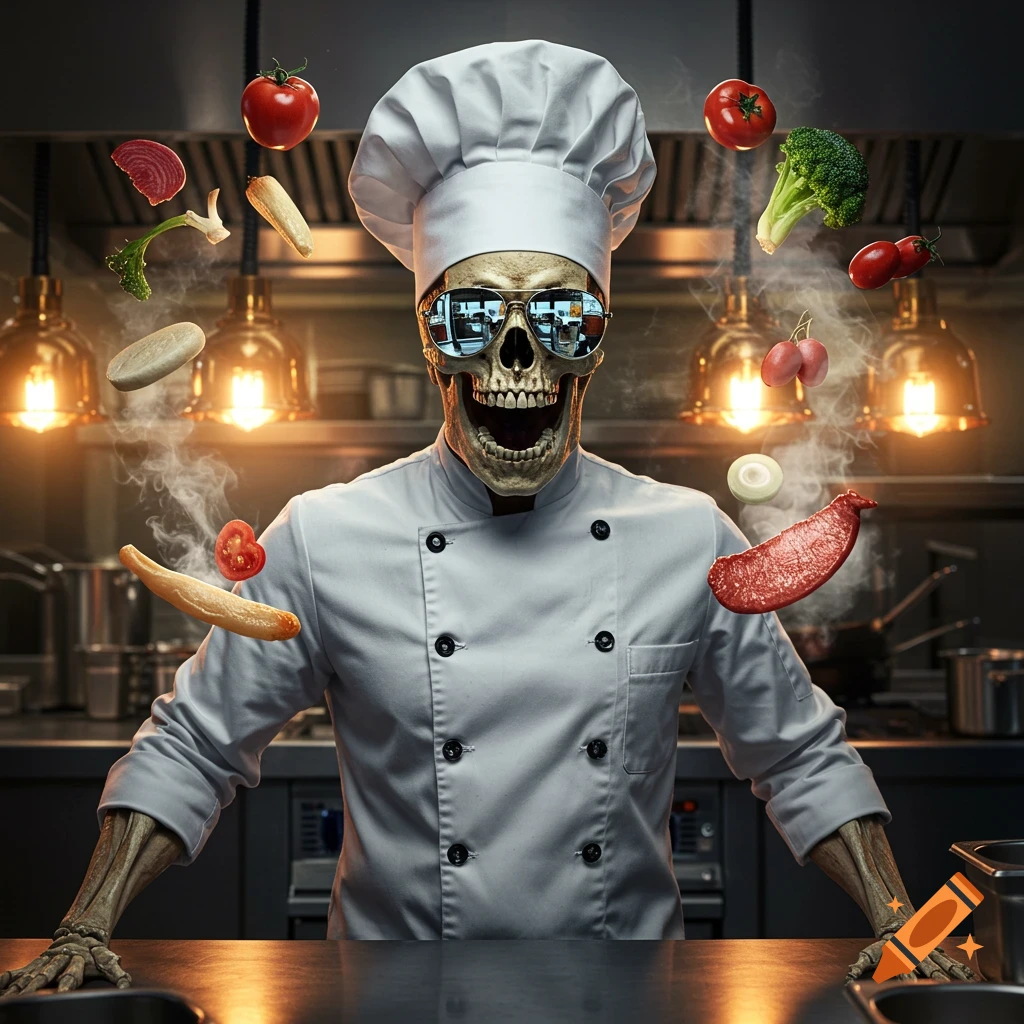 An ultra-realistic skeleton chef in sunglasses and a white coat stands in a kitchen with vegetables and meat floating around him.