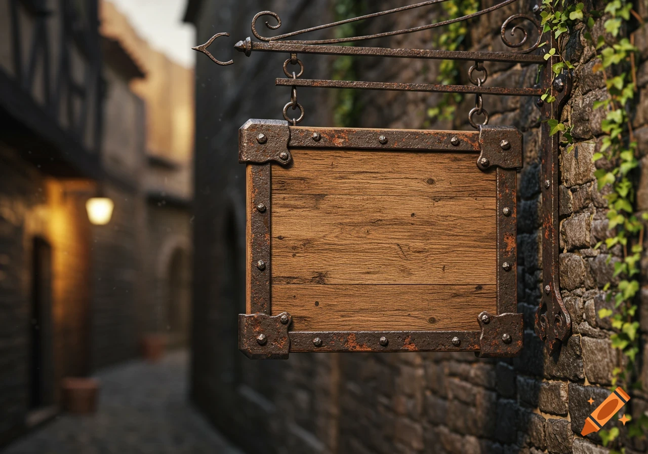 A blank wooden sign with rusty metal trim hangs on a stone wall with ivy, set against a blurry medieval alley.