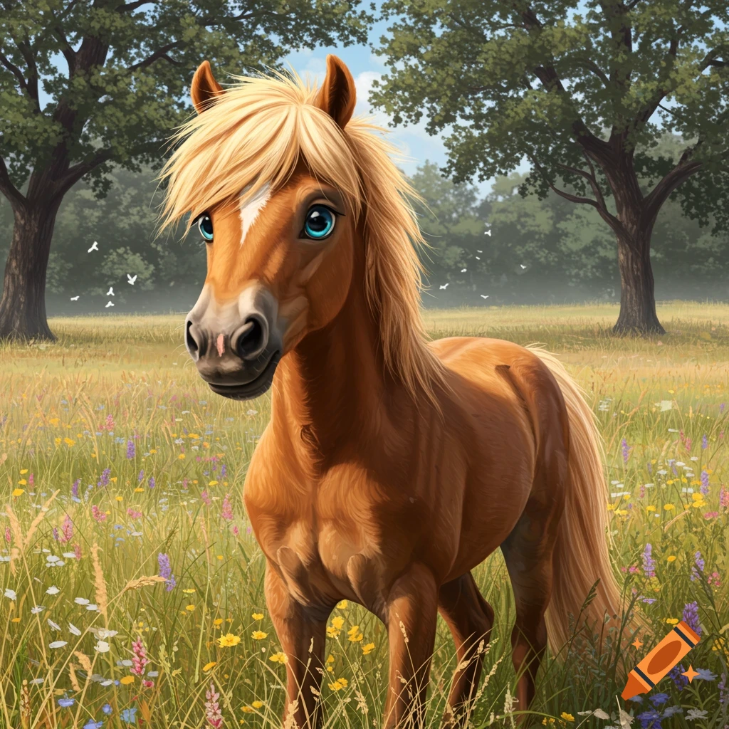 A cute, brown horse with a blonde mane and large blue eyes stands in a colorful wildflower meadow.
