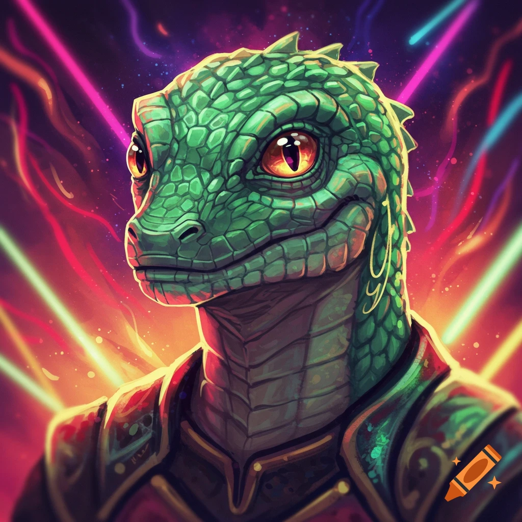 Close-up portrait of a green lizardman with orange eyes against a neon, glowing background in an anime art style.