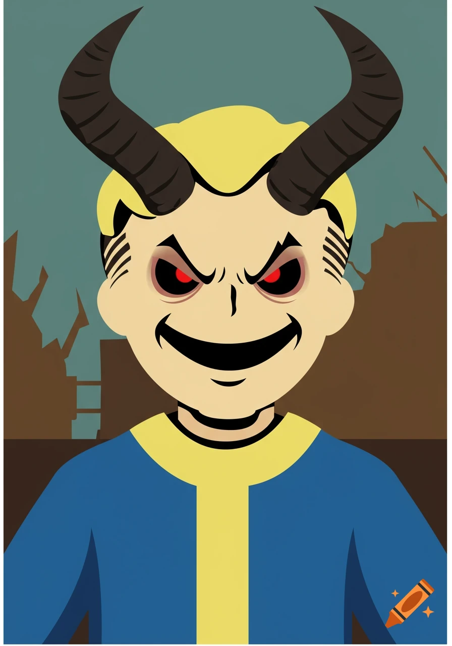 Stylized illustration of Vault Boy with dark horns and glowing red eyes, against a desolate background.