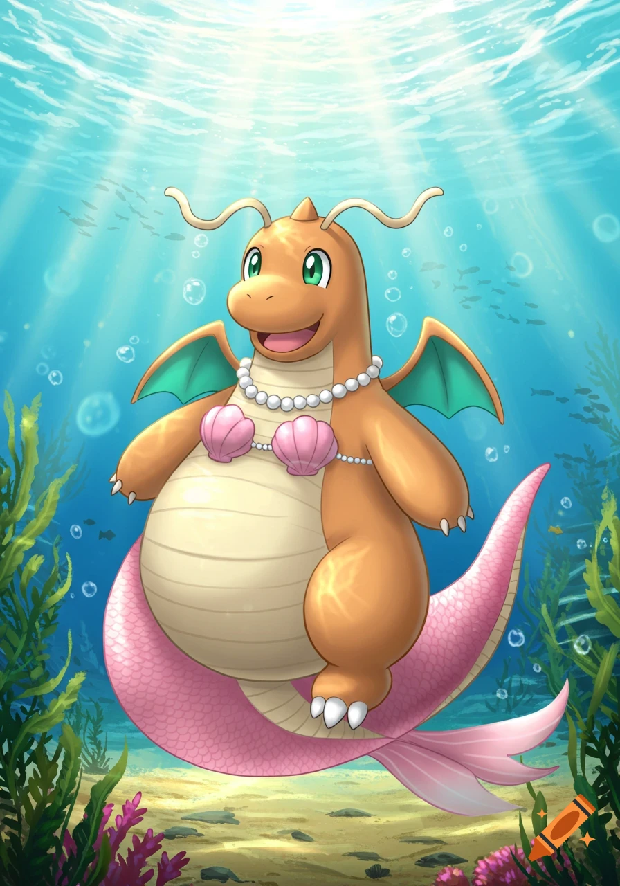 Dragonite with a pink mermaid tail, seashell bra, and pearl necklace, swimming happily underwater in an anime style.