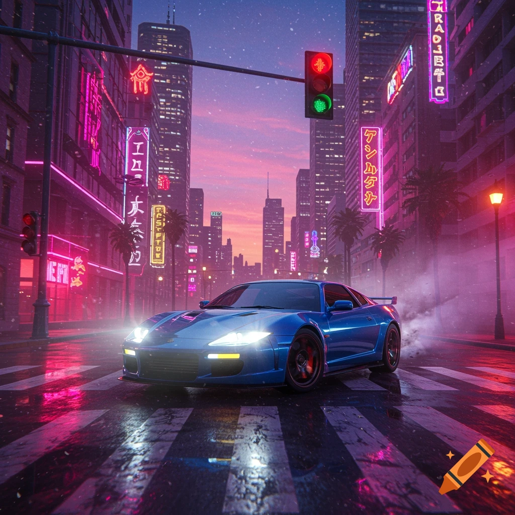 A blue sports car drives down a wet city street at night, bathed in the glow of pink and purple neon signs, in a cyberpunk style.
