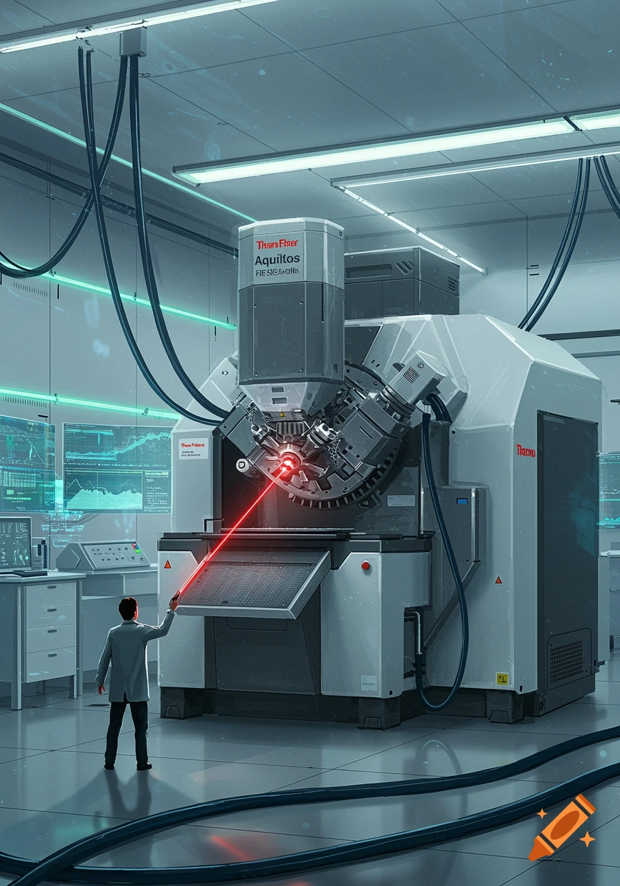 A person in a lab coat aims a red laser pen at a large, complex scientific machine with glowing screens in a futuristic laboratory.