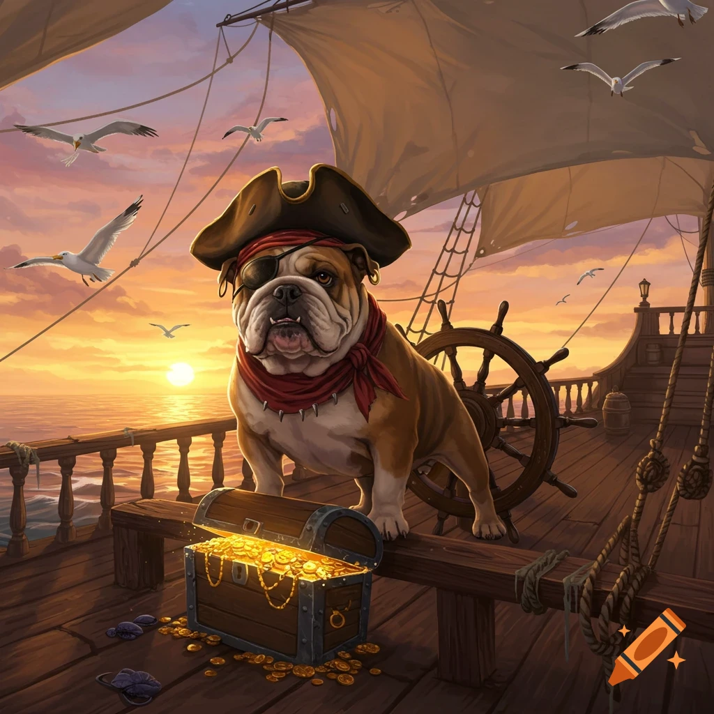 A bulldog dressed as a pirate, with an eye patch and hat, stands on a ship deck next to an open treasure chest filled with gold coins, at sunset.