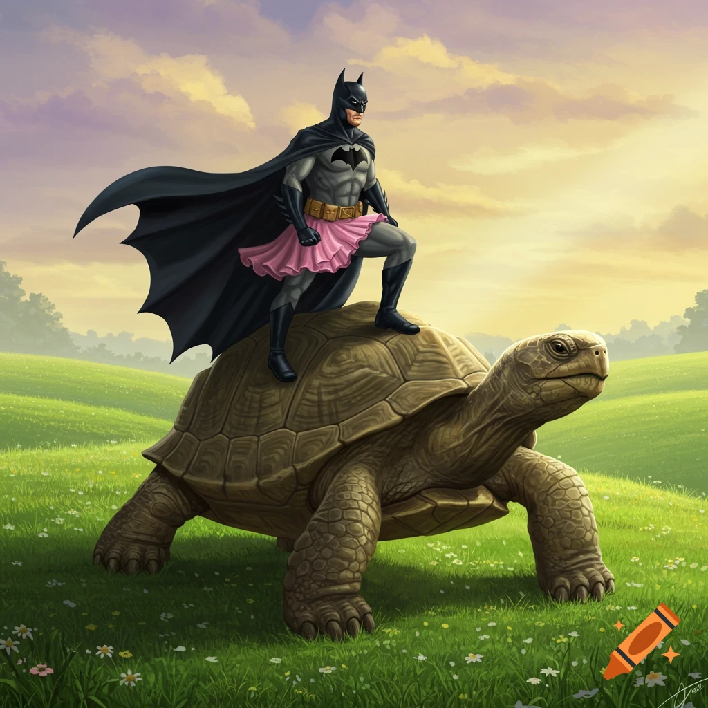 Digital painting of Batman in a pink tutu standing on the back of a large turtle in a grassy field at sunset.