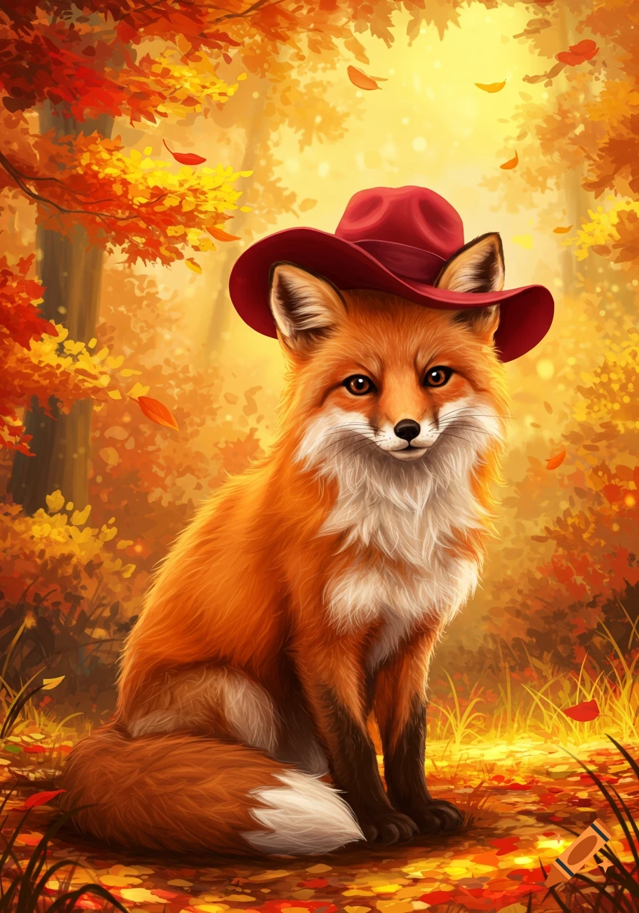 An illustrated red fox wearing a red hat sits in an autumn forest with falling orange and yellow leaves.