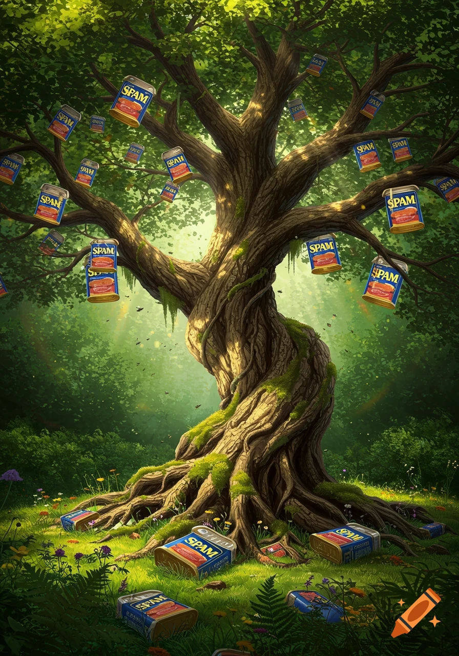 A lush, green tree in a forest with numerous cans of SPAM hanging from its branches and lying on the ground.