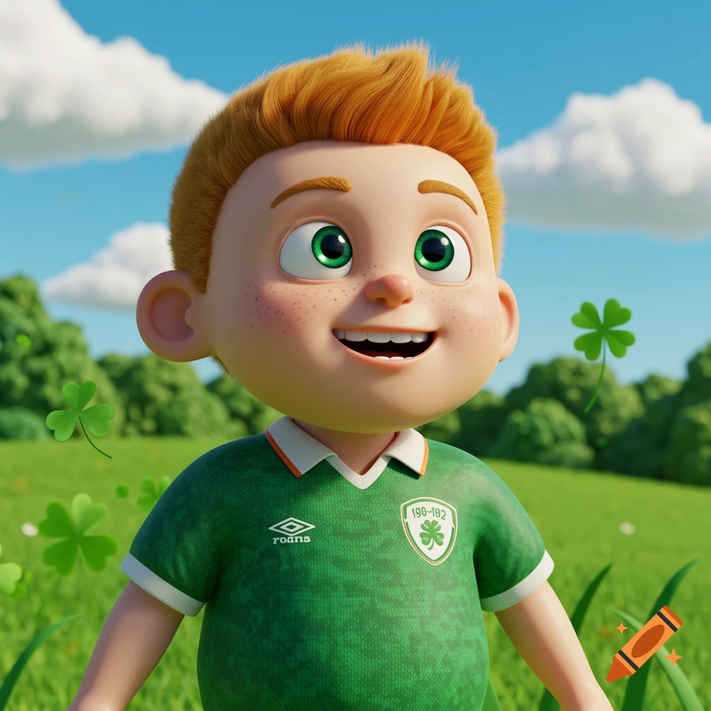 A smiling cartoon boy with red hair and green eyes, wearing a green soccer jersey with white trim and a clover emblem, standing in a grassy field with shamrocks.