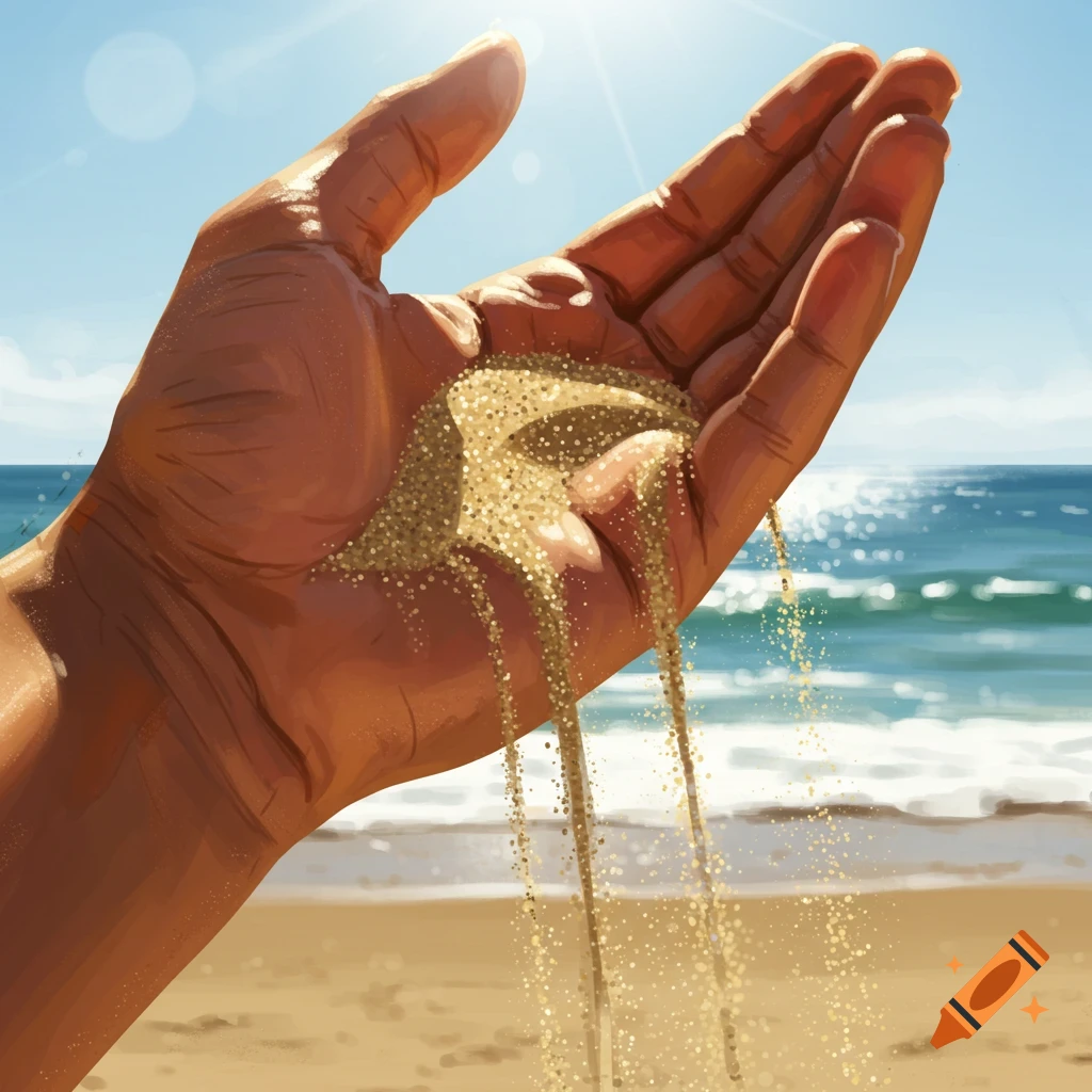 A close-up, stylized painting of a hand letting golden sand slip through its fingers on a sunny beach with the ocean in the background.