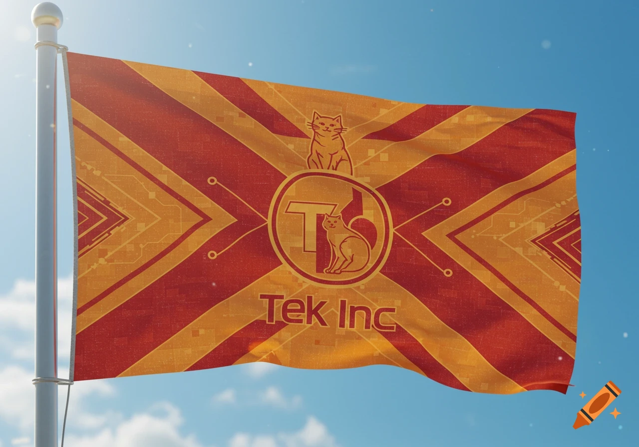 A red and gold flag with an orange cat and 'Tek Inc' text, flying against a blue sky.