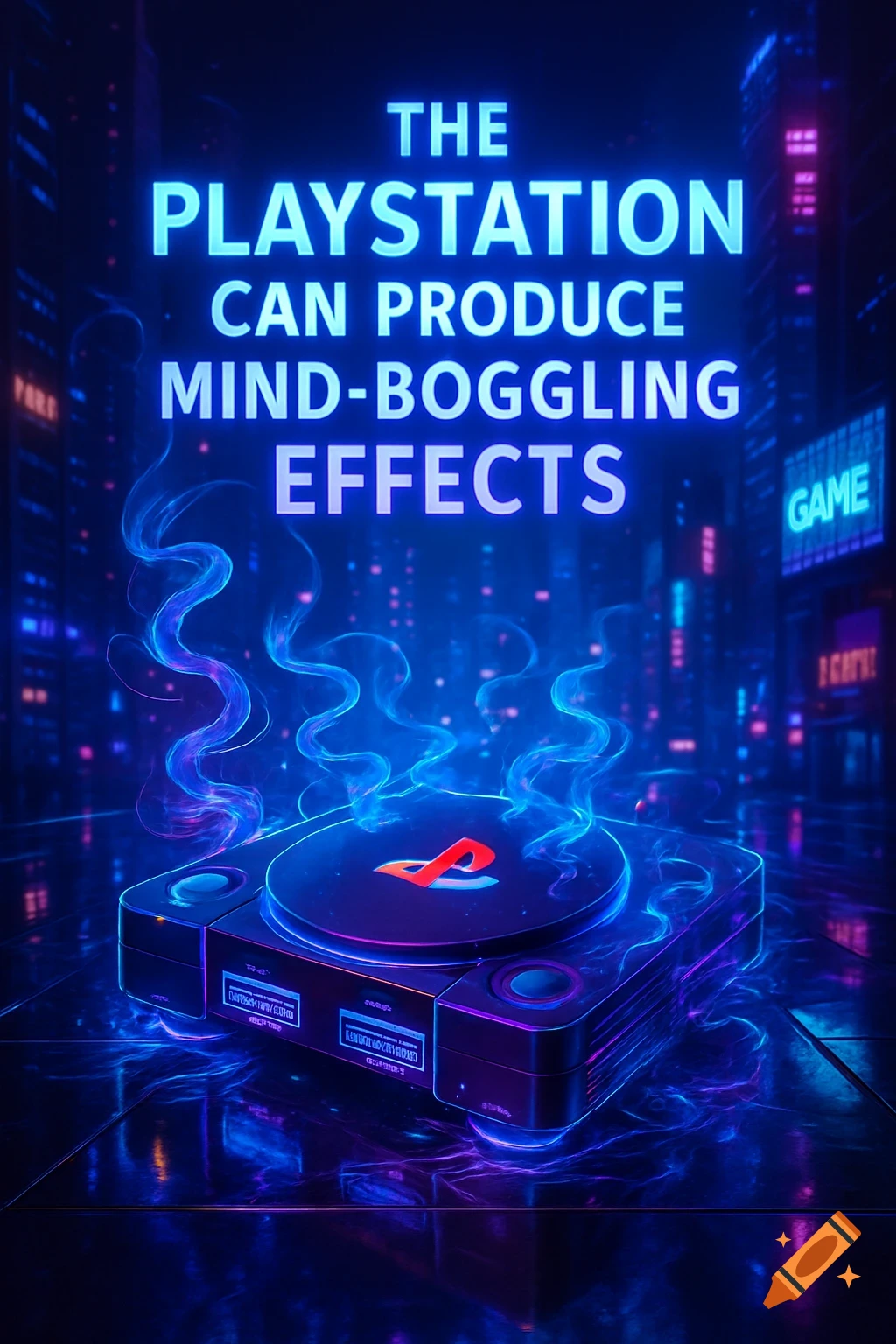 A PlayStation 1 console emits blue and purple glowing smoke in a neon-lit futuristic city with skyscrapers. Above it, glowing text reads, "THE PLAYSTATION CAN PRODUCE MIND-BOGGLING EFFECTS."