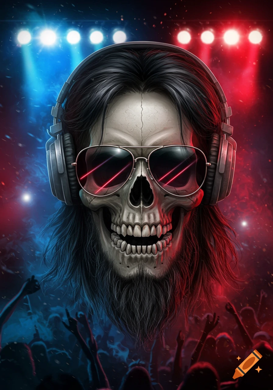 A stylized skull wearing headphones and sunglasses with long hair and a beard, in a heavy metal concert setting with red and blue lights and a crowd.