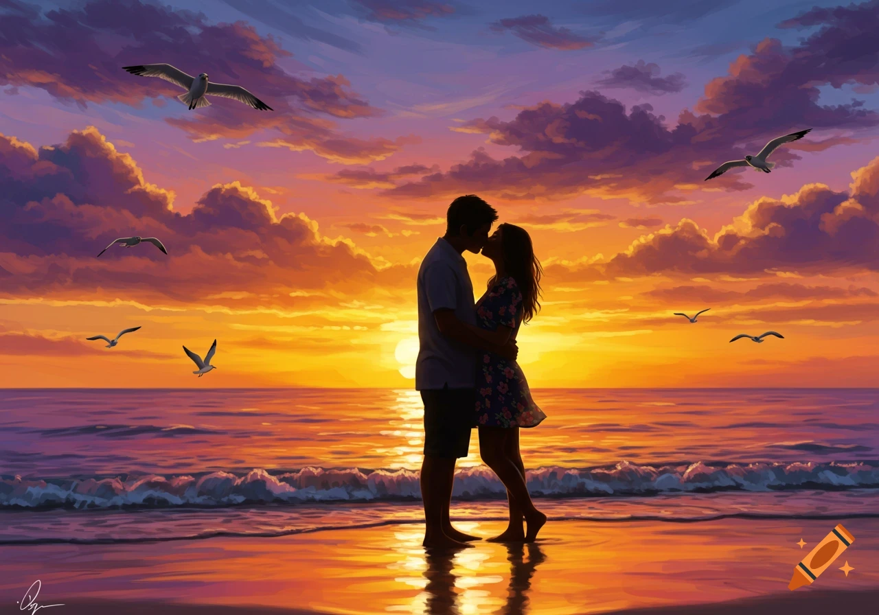 Illustrative painting of a couple kissing on a beach during a vibrant sunset with seagulls flying.