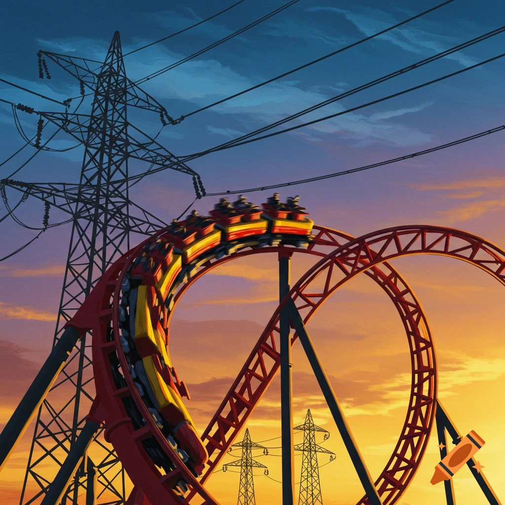 A red and yellow rollercoaster train on a loop track with power lines in the background against a sunset sky.