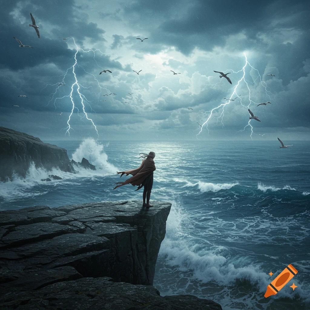 A figure in a cape stands on a cliff overlooking a stormy ocean with lightning and birds flying.