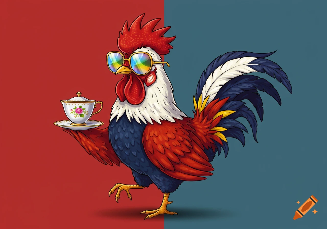 A cartoon rooster wearing rainbow sunglasses holds a teacup on a saucer. It has red, navy blue, white, and yellow feathers. The background is split red and teal.