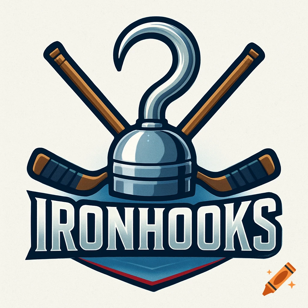 Ice hockey team logo with a metallic captain's hook and crossed hockey sticks above the word 'IRONHOOKS' in a shield.