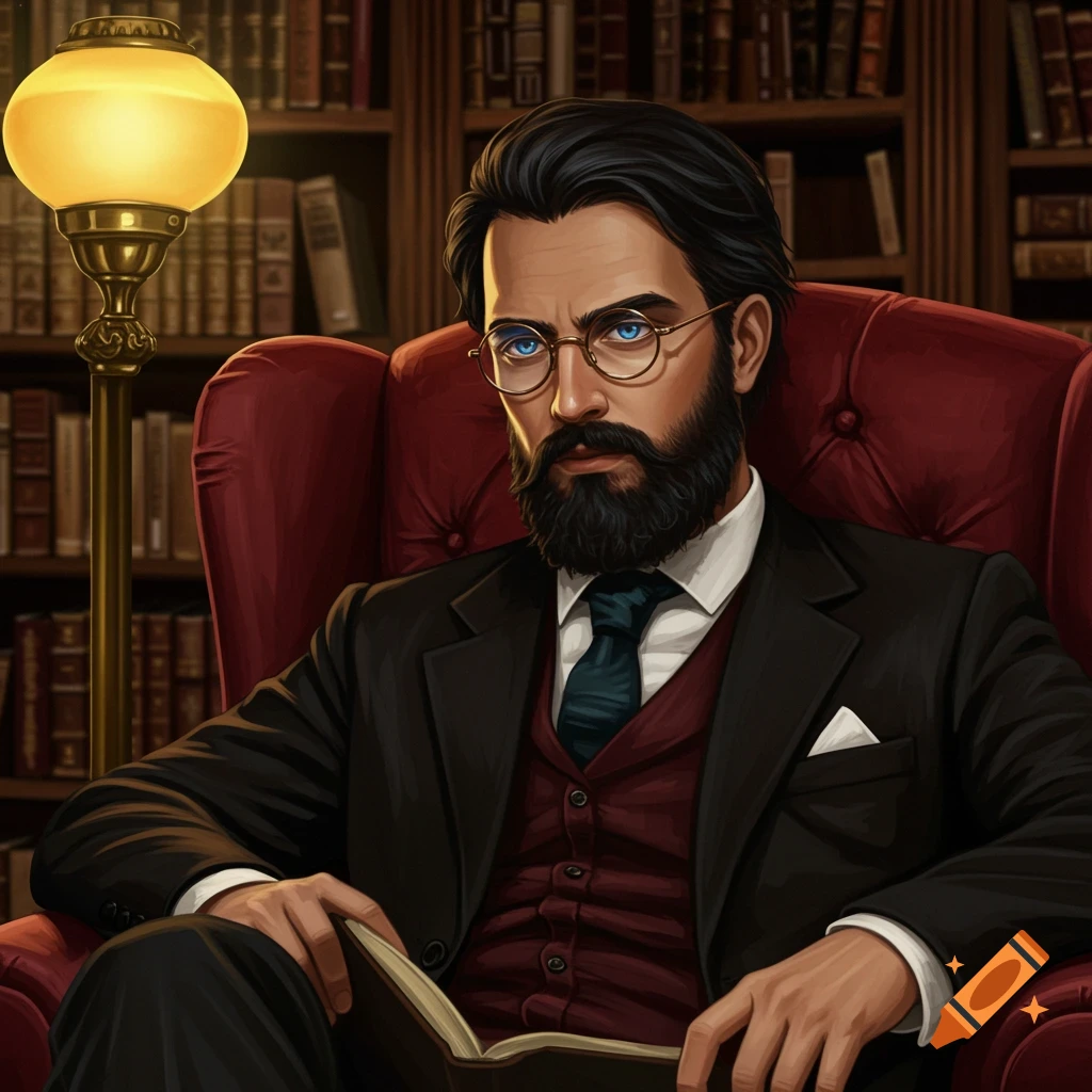 A well-dressed man with a dark beard, blue eyes, and glasses sits in a red armchair, reading a book in a library.