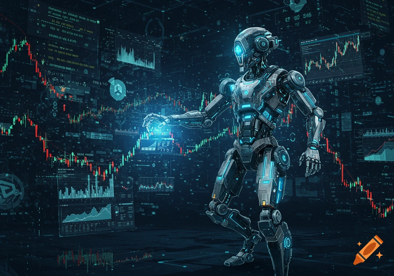A futuristic robot stands amidst multiple holographic screens displaying financial charts and data in a dark, blue-lit room.