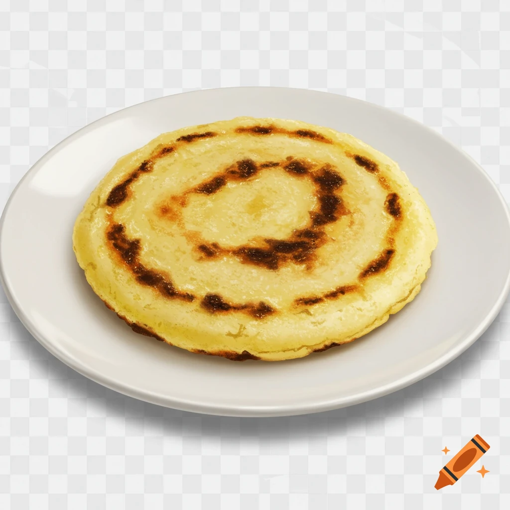A Colombian arepa, round and lightly browned, rests on a white plate with a transparent background.