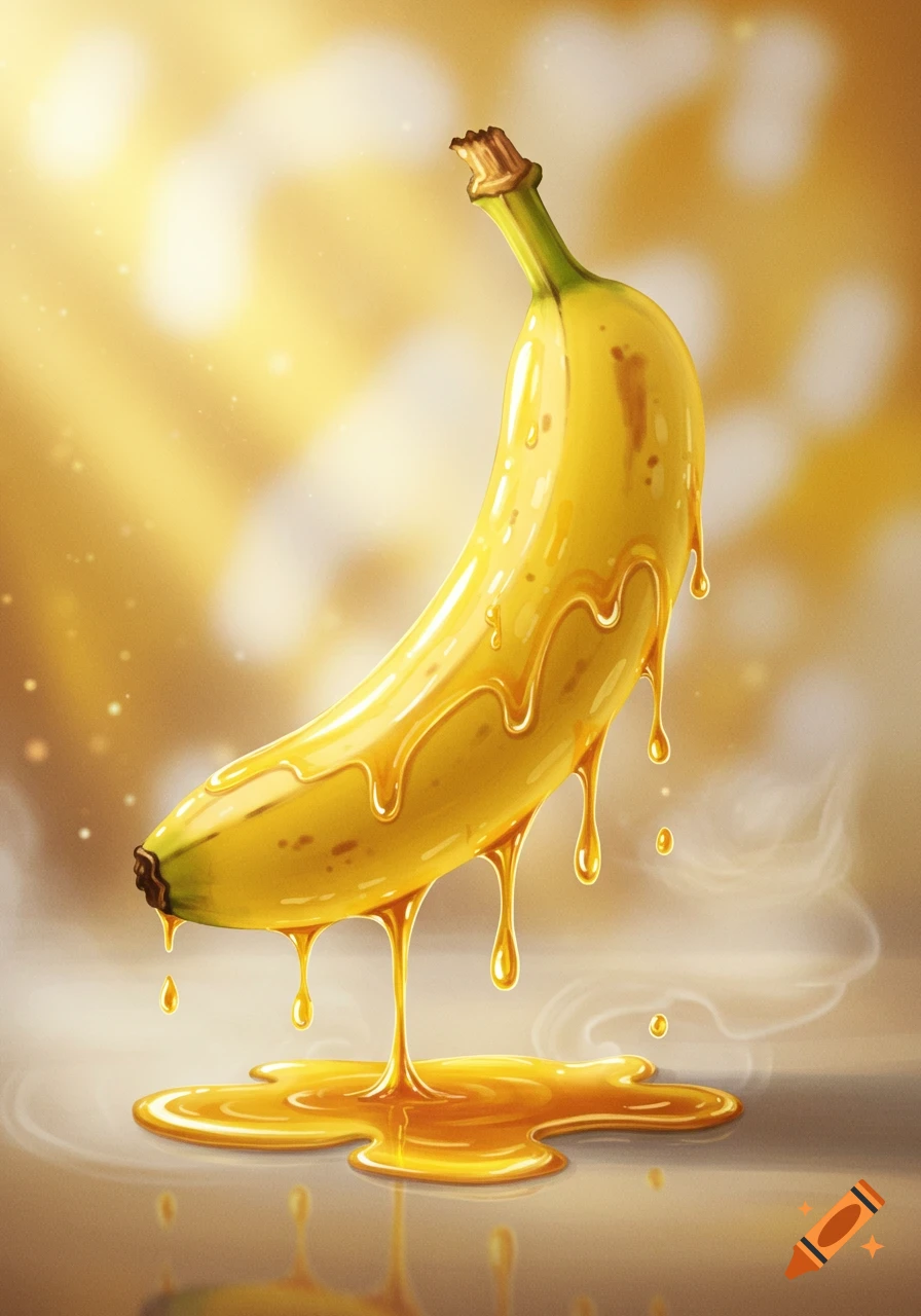 A yellow banana covered in dripping golden syrup, with a luminous background, in an illustrative style.
