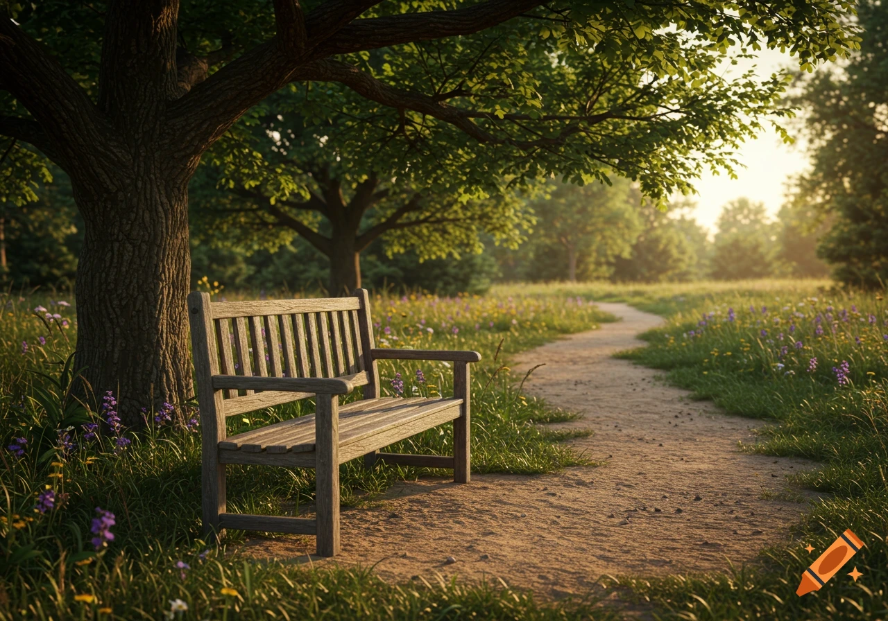 A wooden park bench sits under a large tree next to a winding dirt path in a sunny, grassy field.
