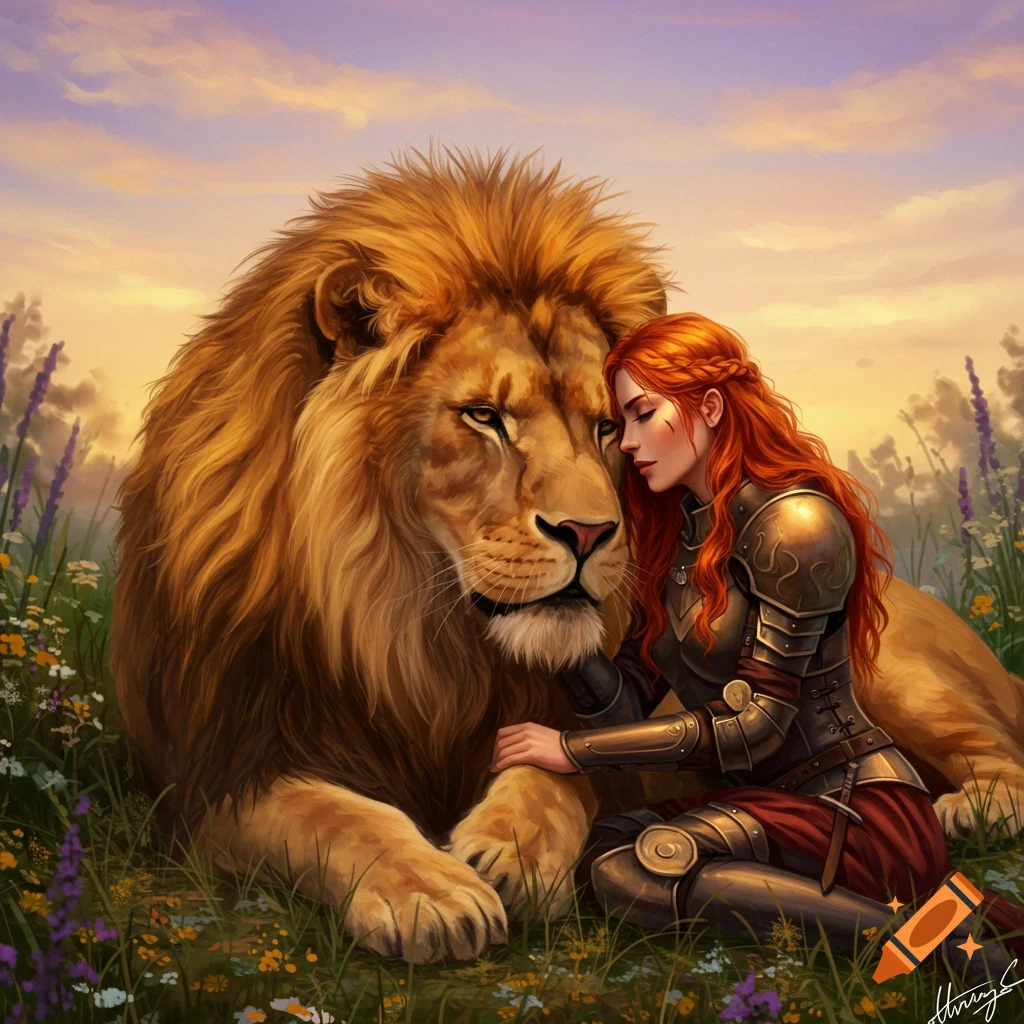 A red-haired warrior woman in armor cuddles a large lion in a grassy field at sunset, in a detailed digital painting style.