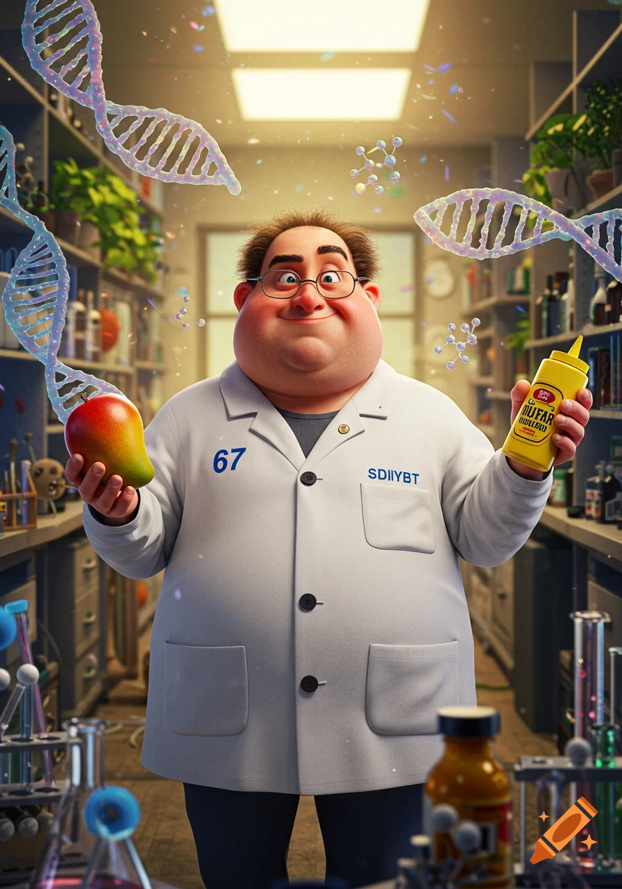A cartoonish, portly male scientist with glasses grins in a brightly lit lab, holding a mango in one hand and a mustard bottle in the other, with DNA strands floating around.