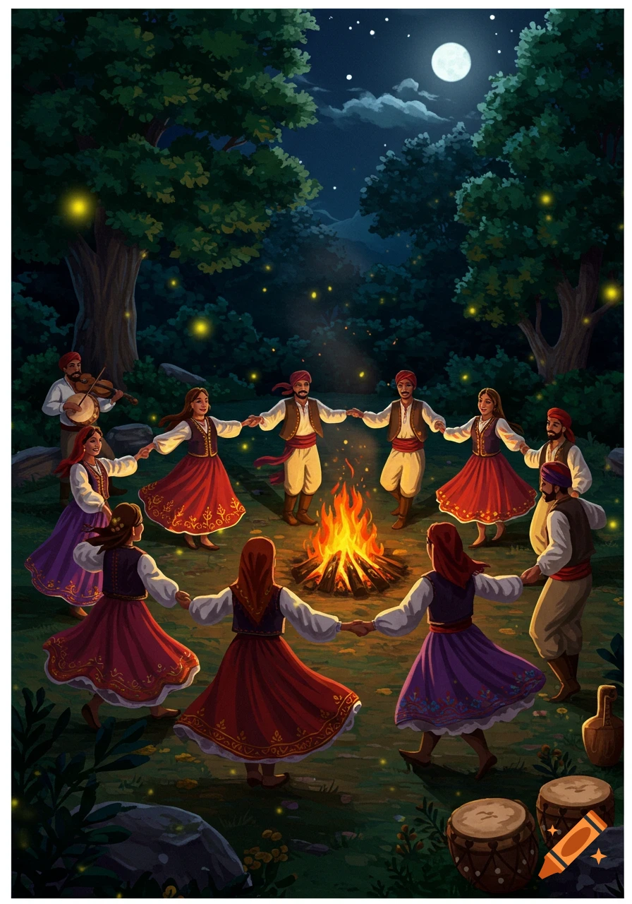 Illustrated scene of people in traditional clothes dancing in a circle around a bonfire at night under a full moon.