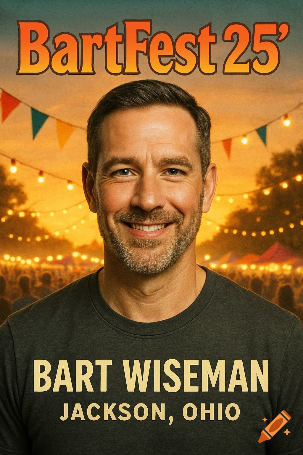 A smiling man with a beard in a dark shirt. Text above reads "BartFest 25'". His shirt says "Bart Wiseman Jackson, Ohio". A blurred festival background with lights.