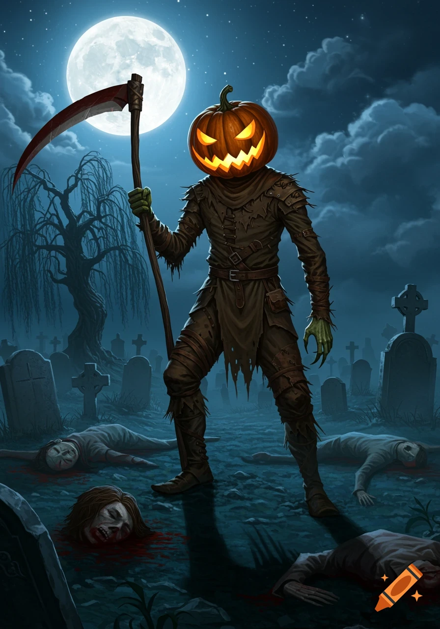 A pumpkin-headed scarecrow-like figure in torn clothes holds a scythe in a dark graveyard with a full moon, surrounded by fallen bodies.