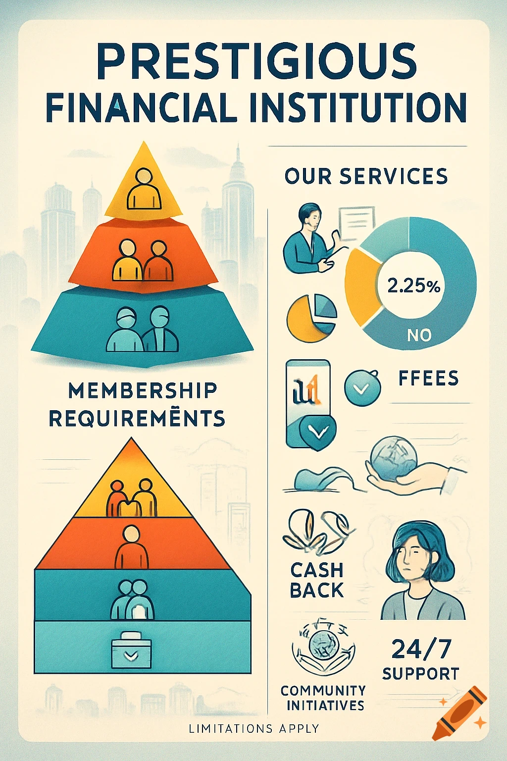 A colorful infographic poster for a "Prestigious Financial Institution," showing membership requirements in a pyramid diagram, and services like interest rates, fees, cashback, and 24/7 support with illustrative icons.